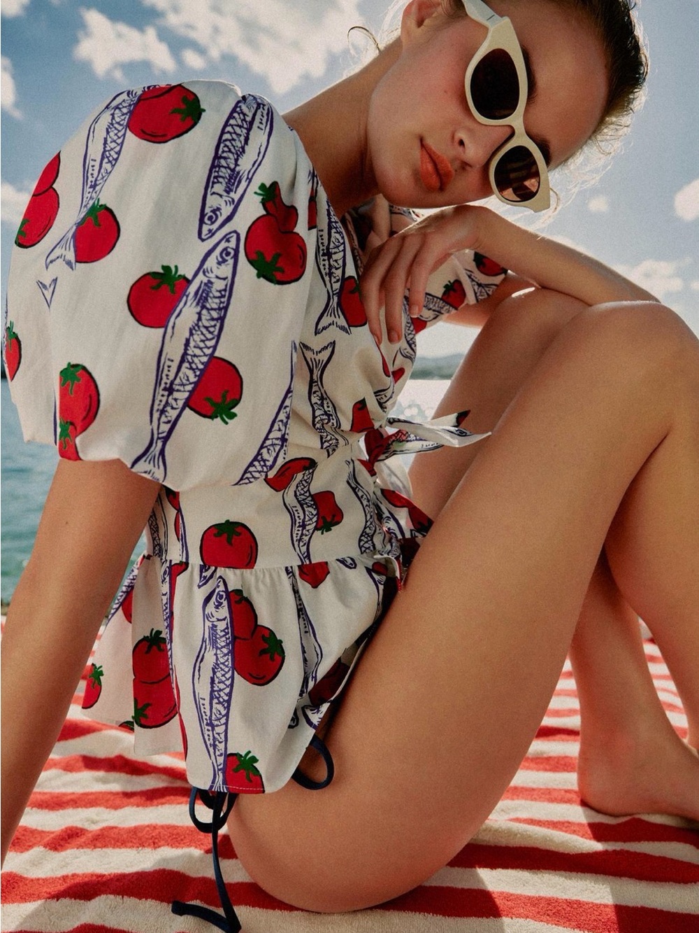 ZARA White Tomato-Print Tie-Front Puff Sleeve Top - Picture 3 of 10